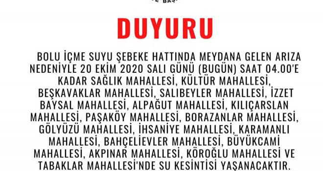  İçme suyu hattında meydana gelen arıza nedeniyle su kesintisi ....