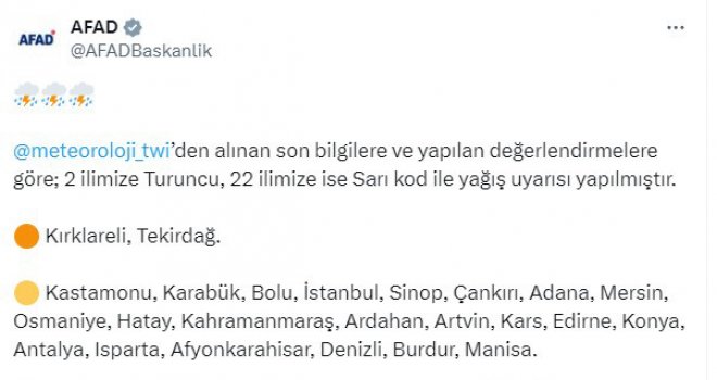 AFAD, 2 ilde turuncu, 22 ilde ise sarı kod ile yağış uyarısı yaptı