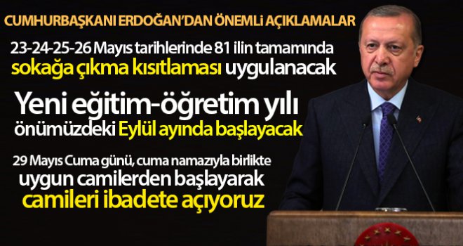 Cumhurbaşkanı Erdoğan: '23-24-25-26 Mayıs tarihlerinde 81 ilin tamamında sokağa çıkma kısıtlaması uygulanacak'