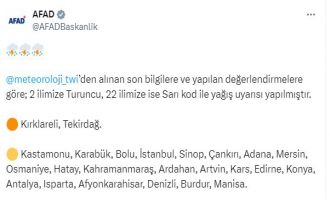 AFAD, 2 ilde turuncu, 22 ilde ise sarı kod ile yağış uyarısı yaptı