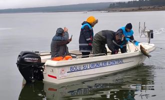 Bolu'da gölün ortasında 500 metrelik kaçak ağ ele geçirildi.....