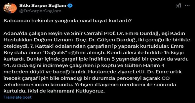 Yangında 15 kişiyi kurtardığı sosyal medya paylaşımıyla öğrenildi